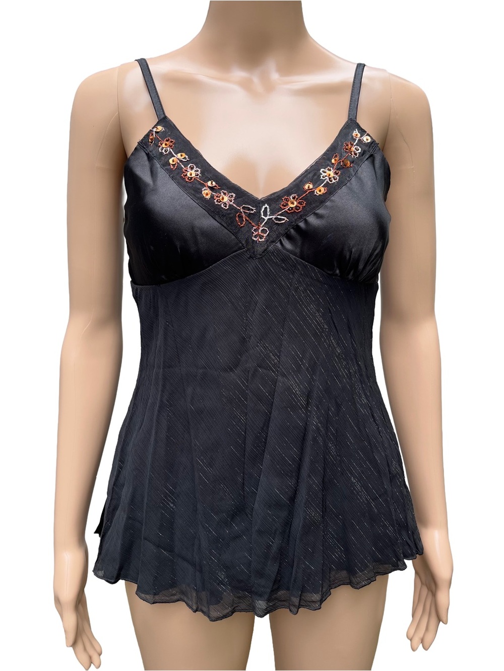 Y2K Black Satin Embroidered Sequin Babydoll Cami